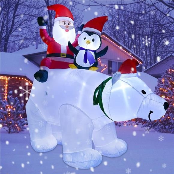 7FT Lighted Christmas Inflatable Polar Bear with Santa Claus and Penguin